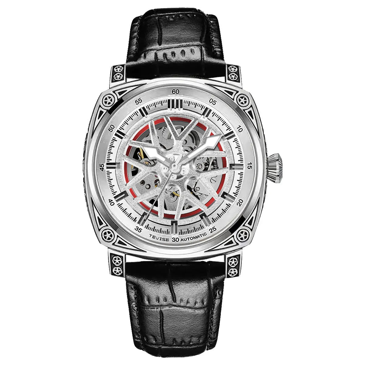 Men's stainless steel automatic watch with a blue leather strap showing time on dial.