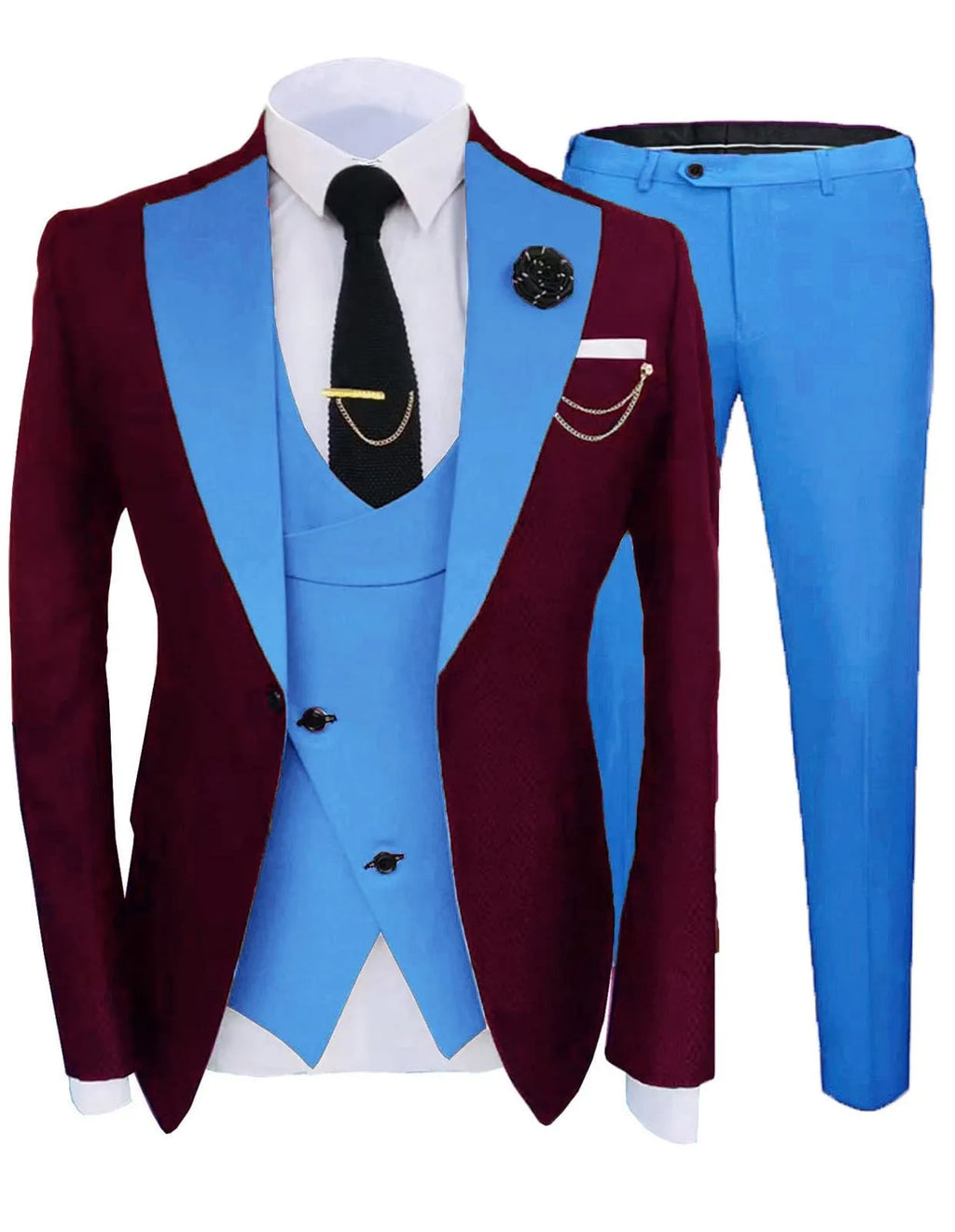 Men's slim fit cotton three-piece wedding suit in dark navy with coat, pants, and vest