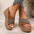 Cross leopard plaid wedge sandals in brown plaid and black pattern options with rubber soles