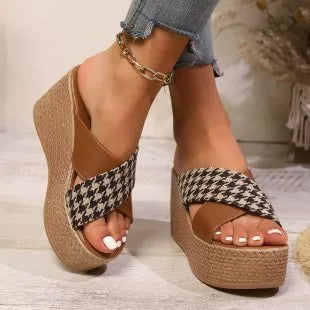Cross leopard plaid wedge sandals in brown plaid and black pattern options with rubber soles