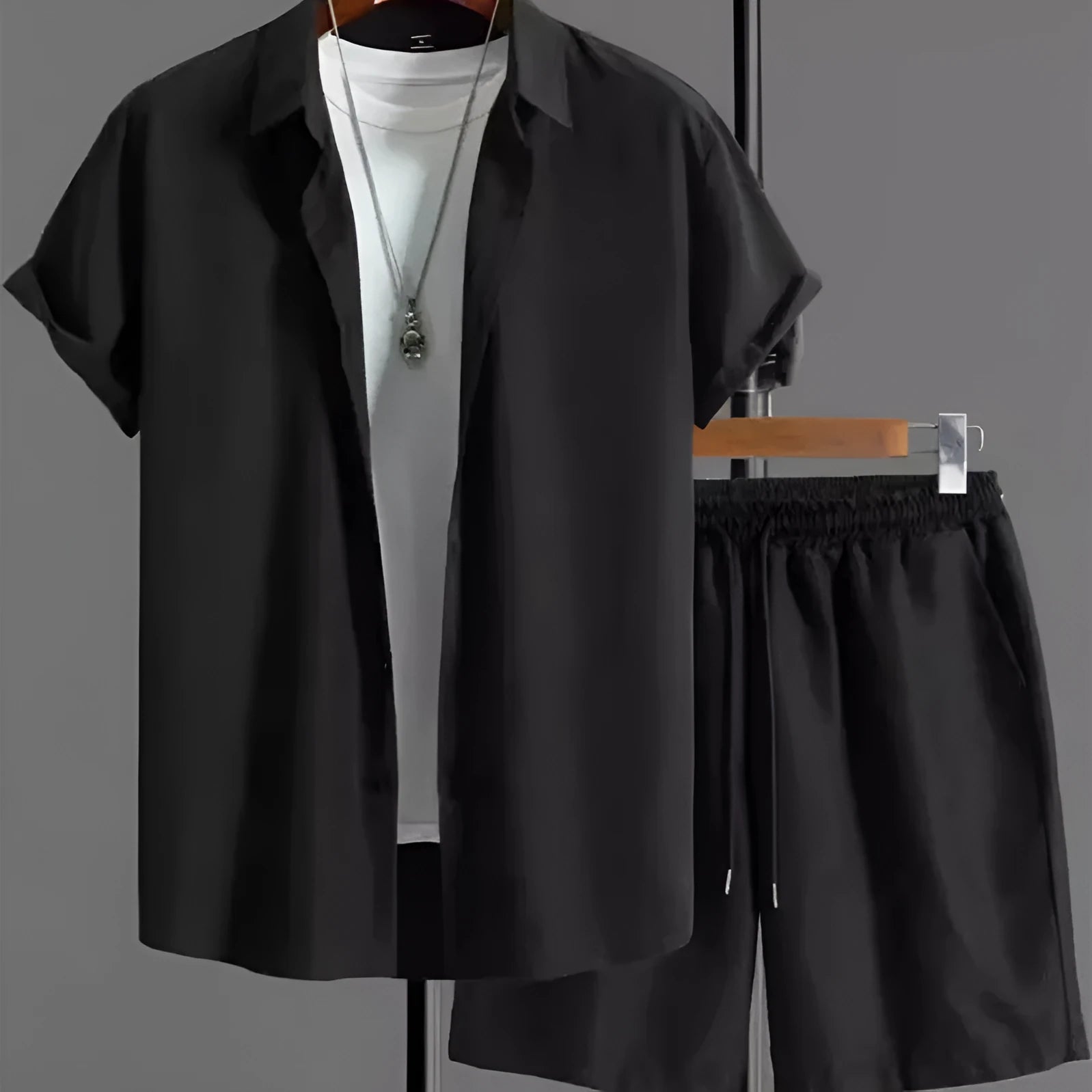 Men's jacquard pattern short sleeve shirt and matching shorts suit set in neutral colour
