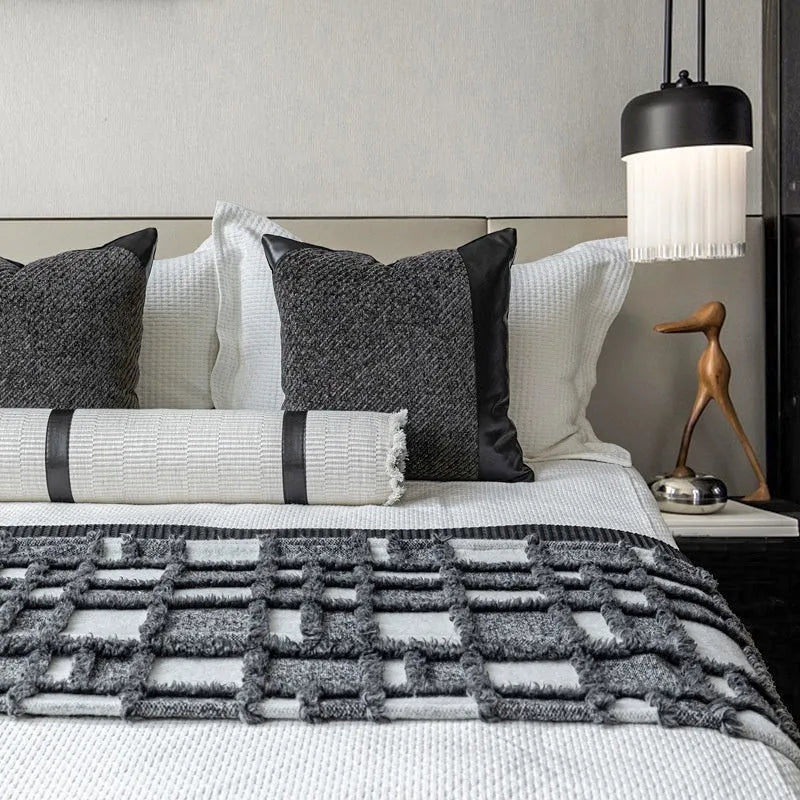 Grey and white plaid polyester bed runner blanket set with pillow on a 1.5m bed
