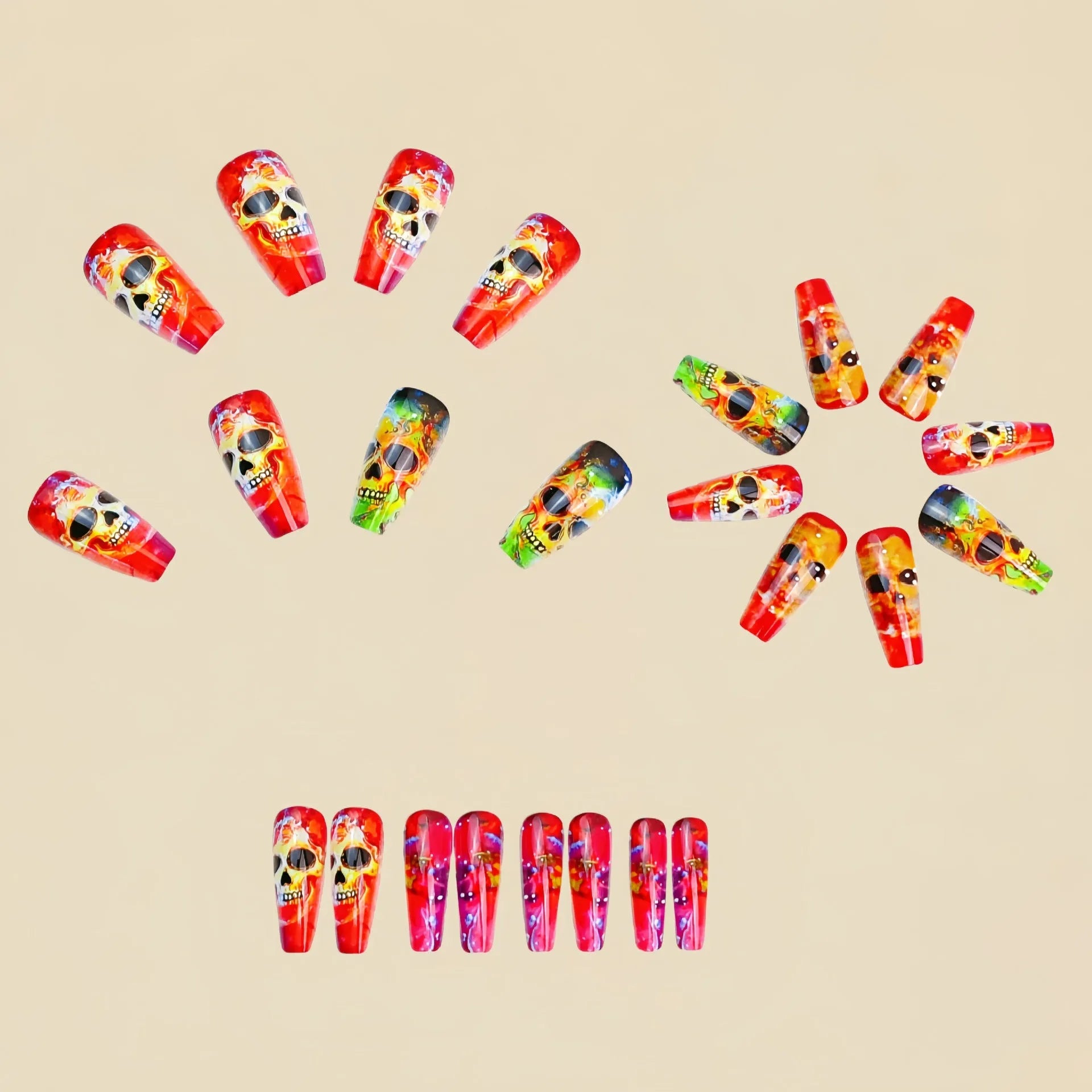 Halloween multicolor gradient skull pattern nail stickers in ballet type shape with jelly glue and rolling strips