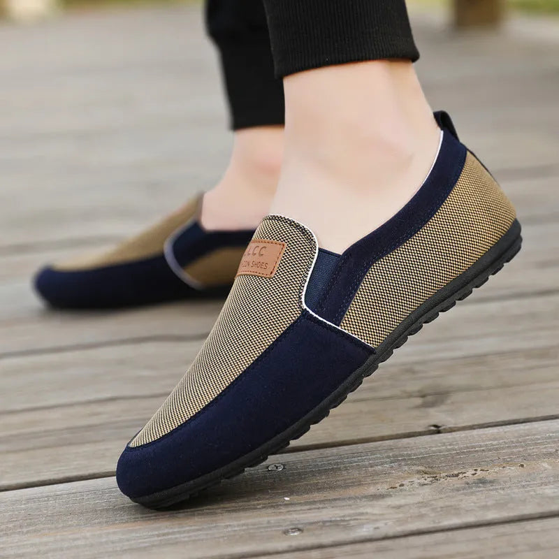 Men's grey and khaki canvas casual shoes with round toe design and rubber soles
