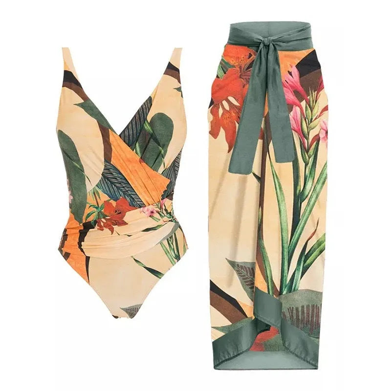 Solid colour women's one-piece swimsuit with spaghetti straps and a matching skirt.