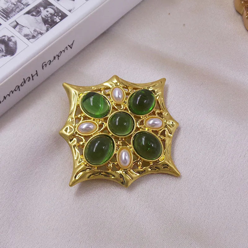 Medieval-style baroque cross brooch with crystal accents on zinc alloy in vintage design