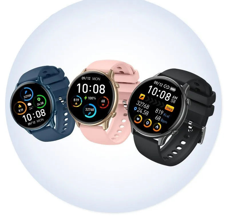 Round touch screen smart sports watch with silicone strap showing heart rate monitoring display
