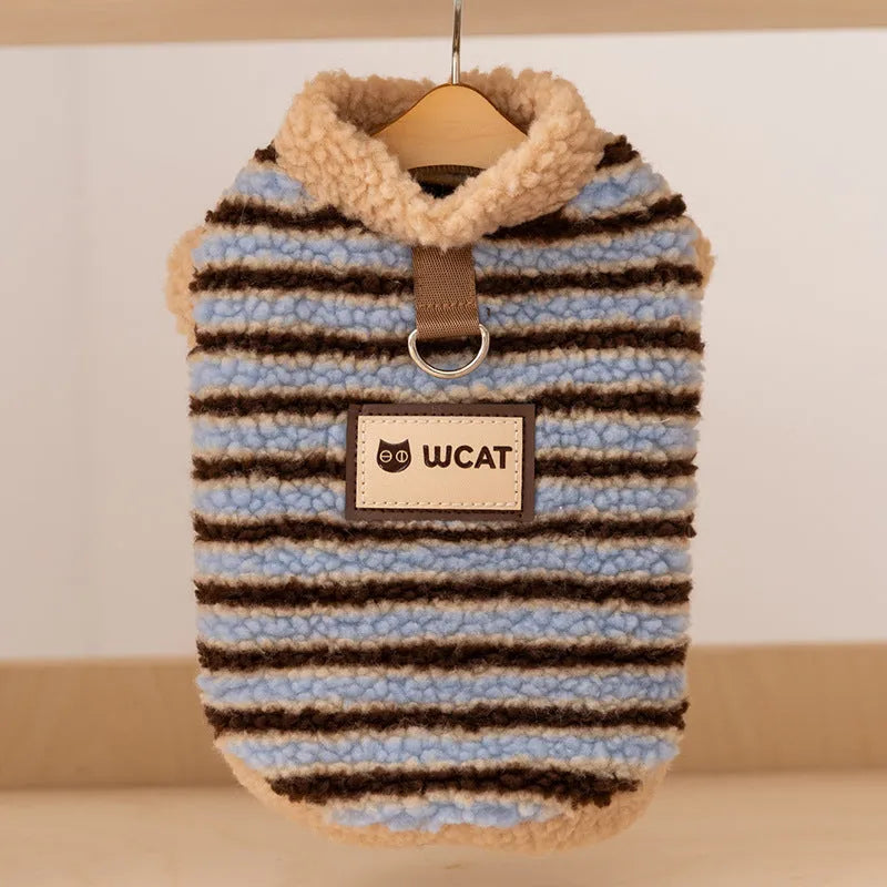Warm striped lambskin fleece pet clothing with drawstring for small and medium dogs and cats, blue colour