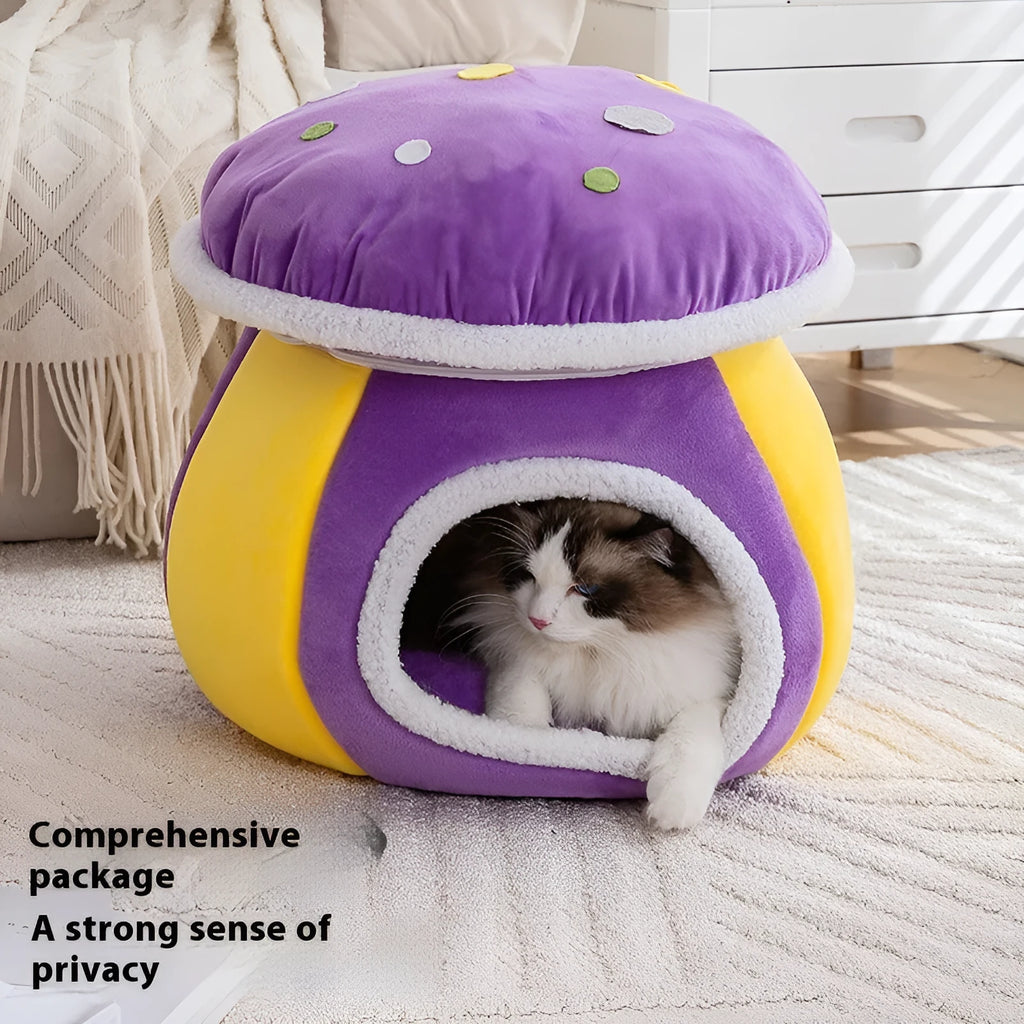 Grey mushroom-shaped plush cat bed nest for small pets on a white background.