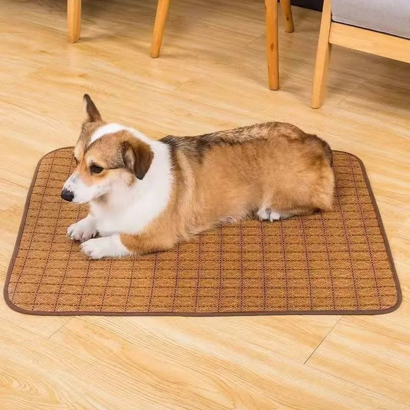 Brown woven rattan cooling mat for a dog in a large size.