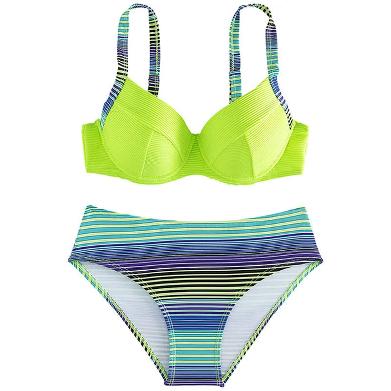 Green printed halter bikini set for women with sleeveless top and split briefs