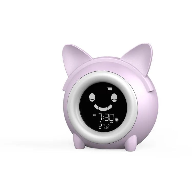 Small round plastic alarm clock with LCD number display in light blue, with alarm and thermometer functions for home or office use