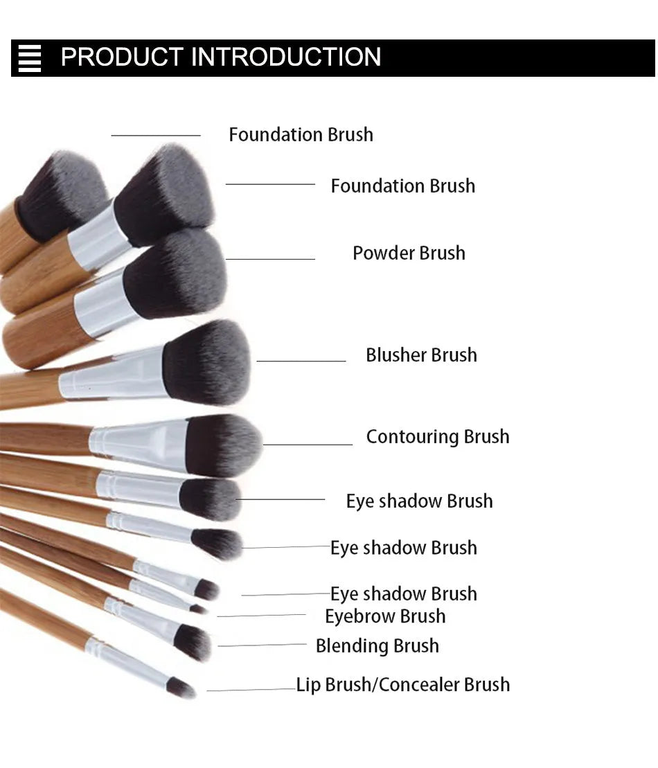 11 bamboo handle makeup brushes arranged on linen bag, including foundation blush and eye shadow brushes