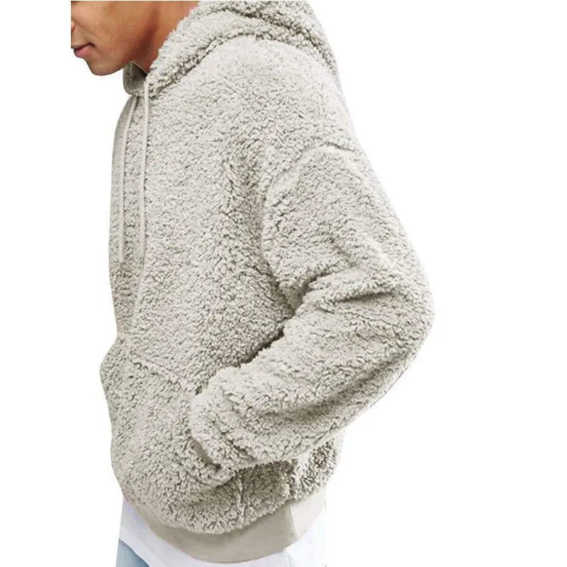 Men's fleece hooded pullover sweatshirt in black, long sleeves, hood, casual winter design
