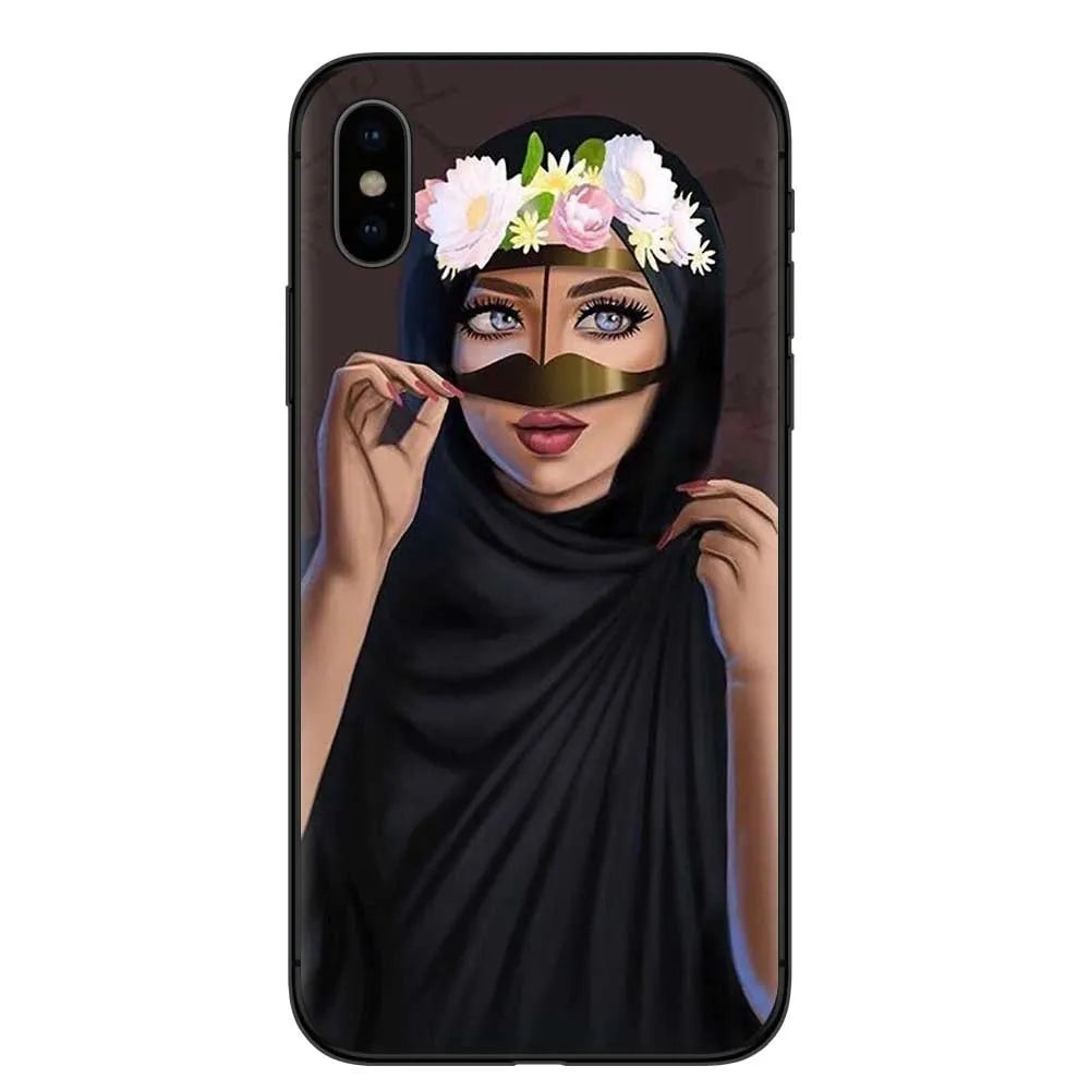 Islamic hijab veil girl TPU phone case with rhinestones floral letters painted design for iPhone