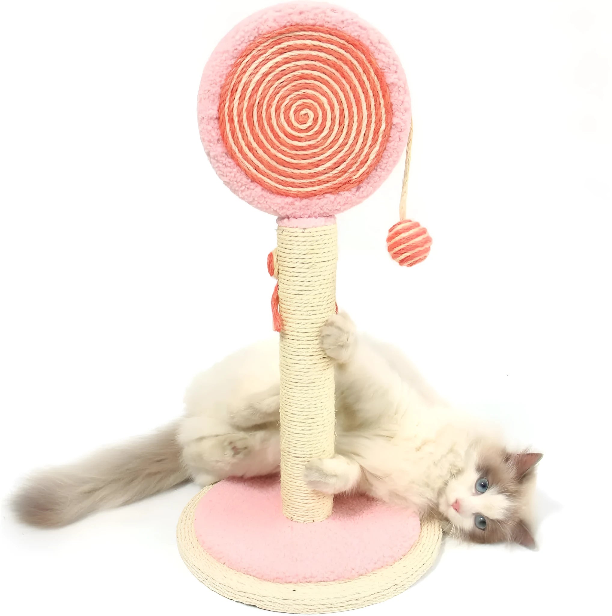 Blue cat scratching post with sisal rope and a hanging toy ball on a sturdy wooden base