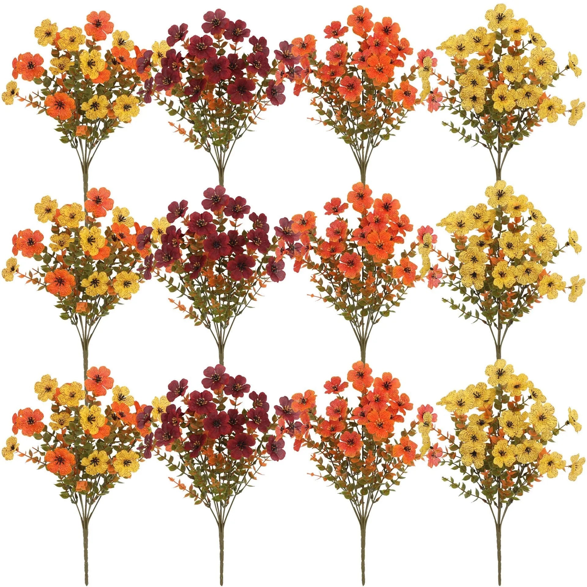 Artificial flower bouquet in autumn red, yellow, orange and orange-yellow colours for home and wedding decoration