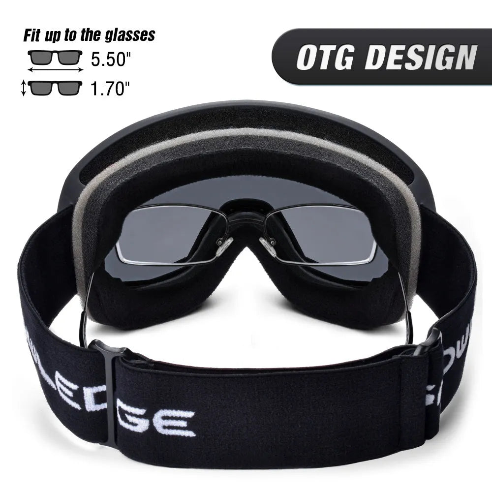 Double-layer anti-fog ski goggles in glossy white frame with pink dual lens and SNOWLEDGE laser logo