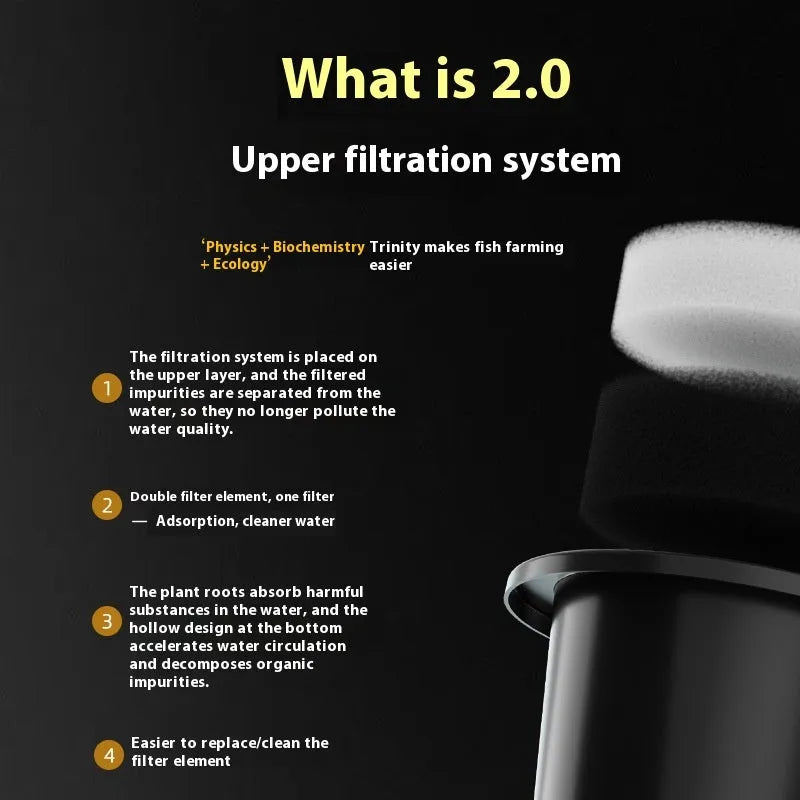 Ecological landscape filter oxygen-making integrated fish tank in luxury black colour on desktop