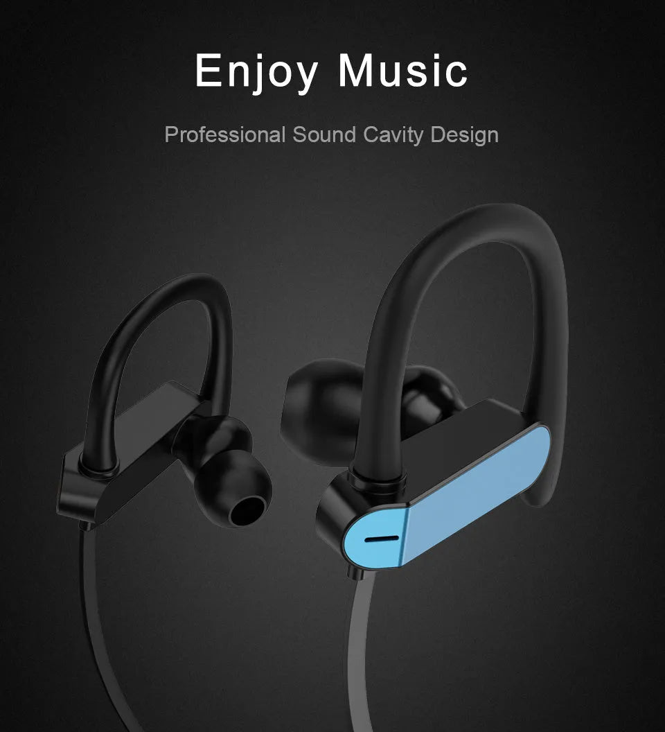 Black and blue sports earphones with flexible ear hooks and silicone gel earbuds for running and gym.