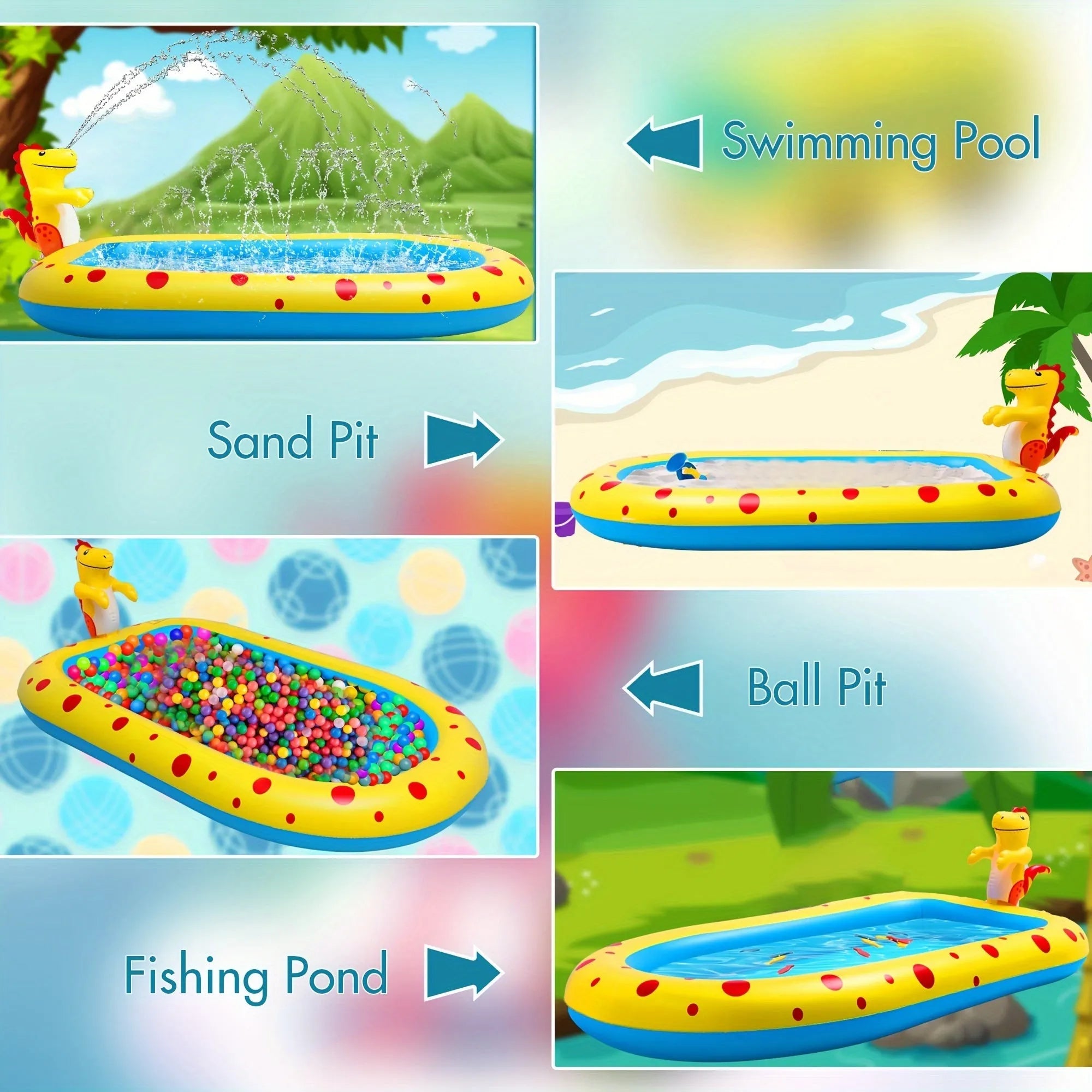 Blue dinosaur-themed water spray pool with shark toy measuring 170cm long for garden play