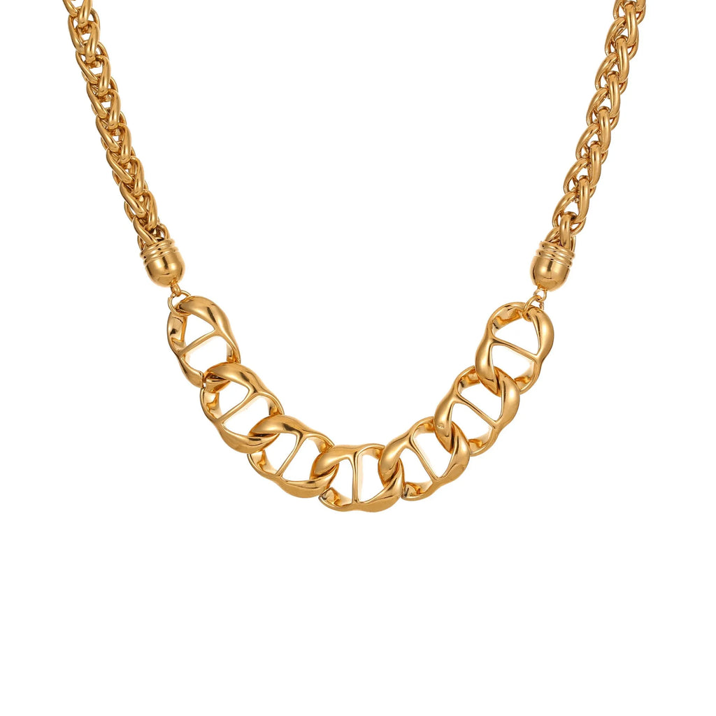 Gold electroplated stainless steel necklace with geometric pendant on regular chain