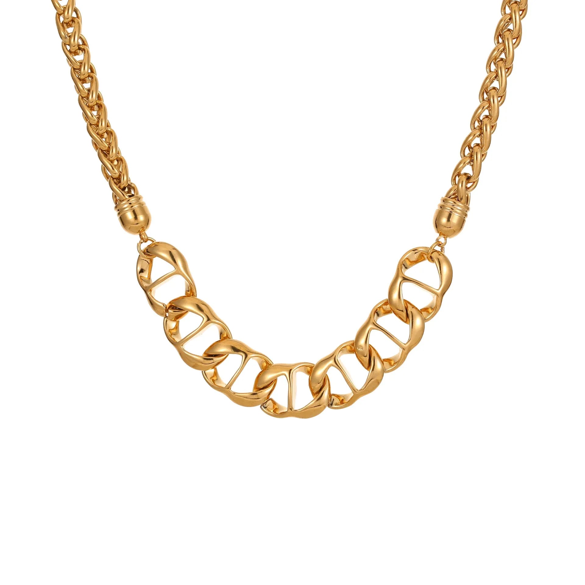 Gold electroplated stainless steel necklace with geometric pendant on regular chain