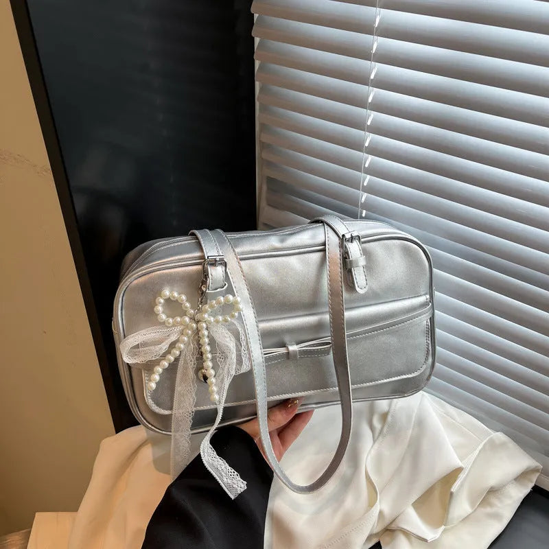 Single-shoulder flap bag with silk scarf pearl bow ornaments in horizontal square shape