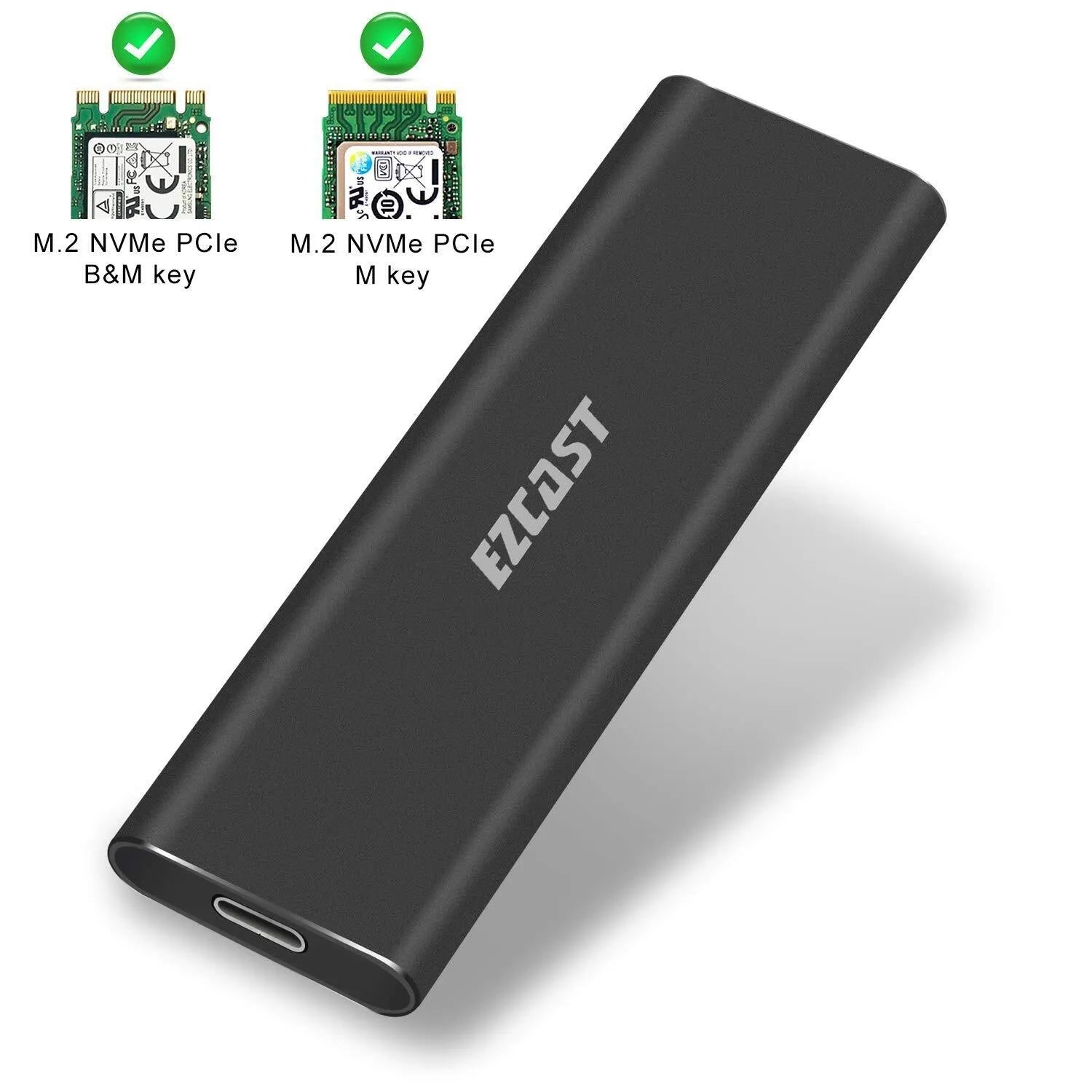 M.2 NVMe SSD enclosure with USB 3.1 Gen2 connection, aluminium body, supports 2280 form factor, 103mm length