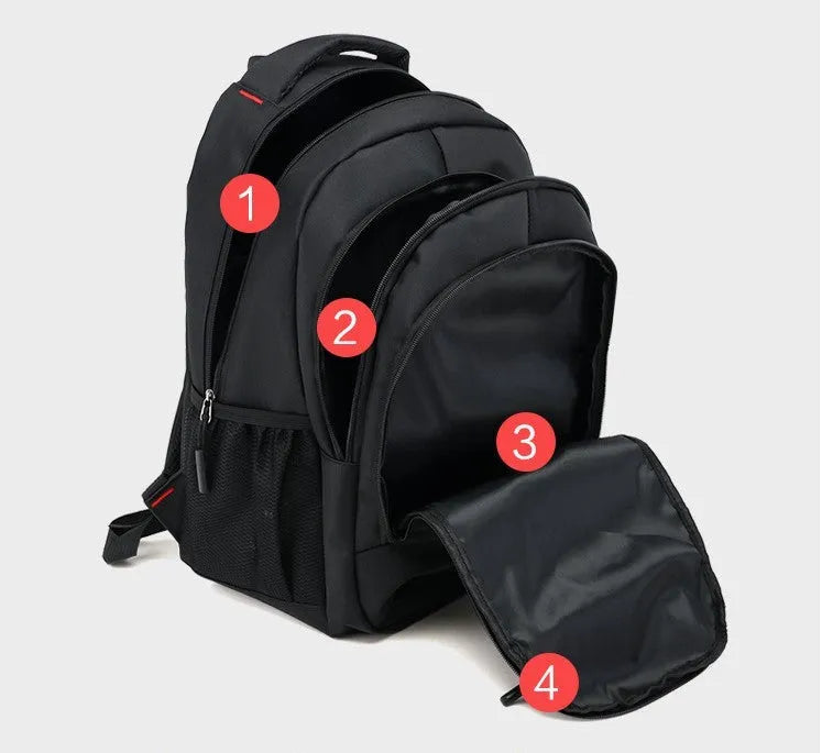 Blue lightweight Oxford fabric backpack for teenagers with side zip pockets and padded straps.