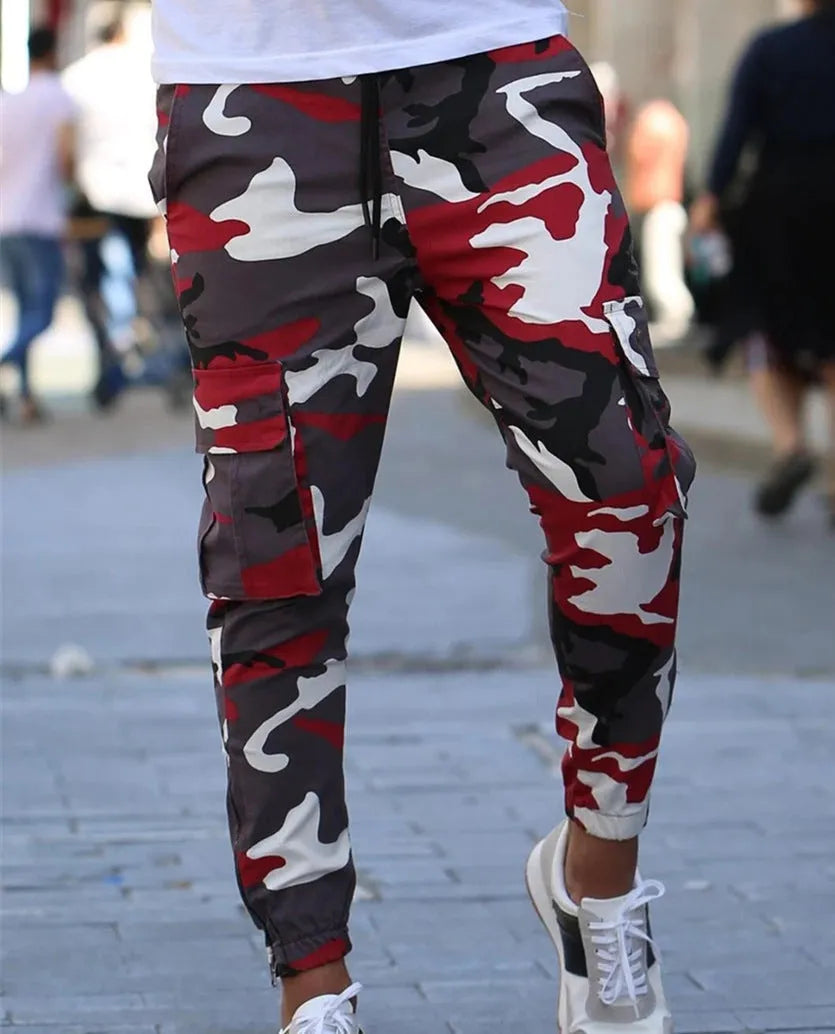 Men's casual camouflage pants with elastic waist and full-length polyester cargo style in blue and green colours
