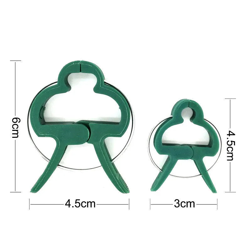 Green plastic and zinc plant fixing clips for supporting climbing beans and tomatoes.