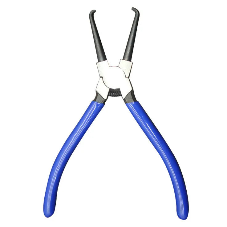 Iron caliper tubing pliers with rubber-coated handles and specialised jaws for fuel line connectors.