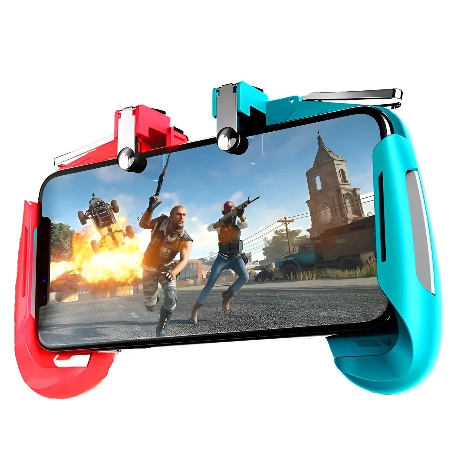 A telescopic mobile game controller holding a smartphone, shown in black, blue, and white colour options.
