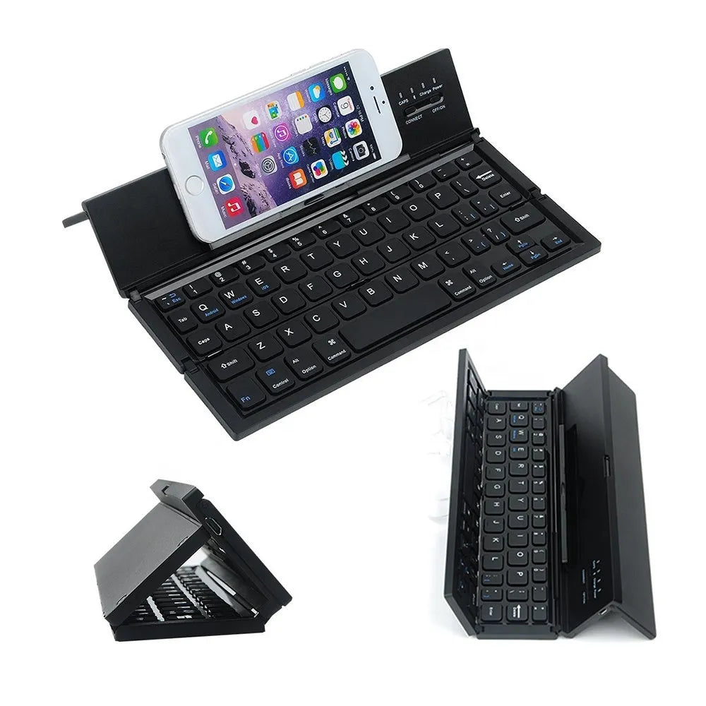 Black folding wireless Bluetooth keyboard for tablets showing compact 5.8-inch design with aluminium bottom and numeric keypad