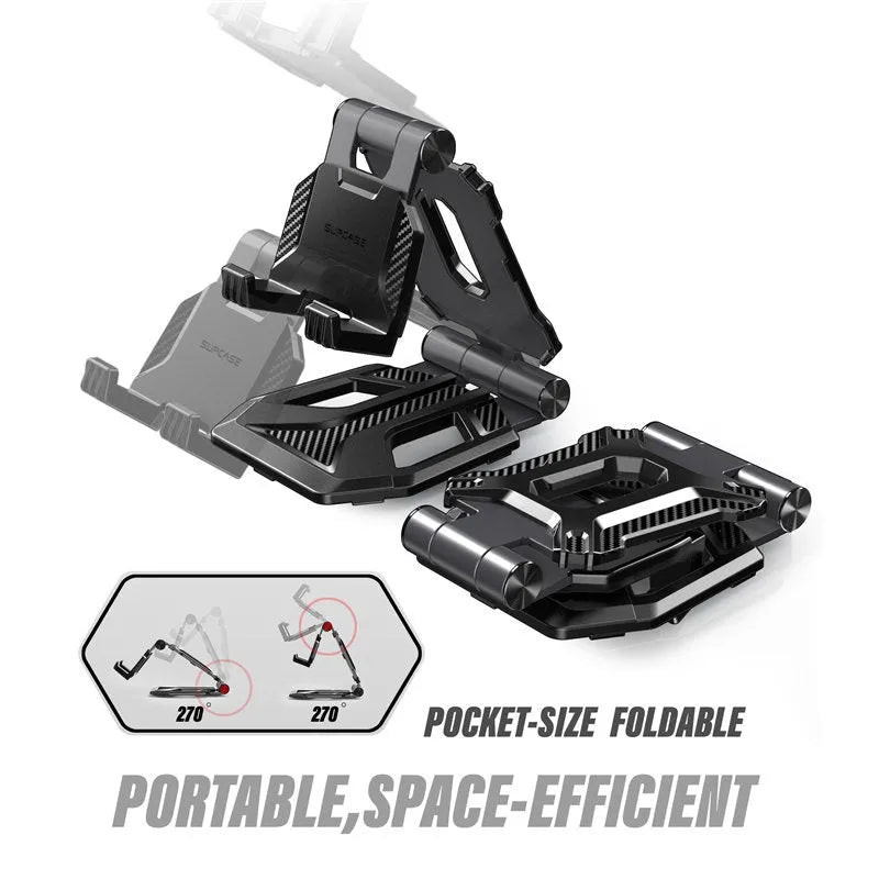 Black adjustable tablet stand folded open displaying an iPad, featuring aluminium body and 270-degree rotation