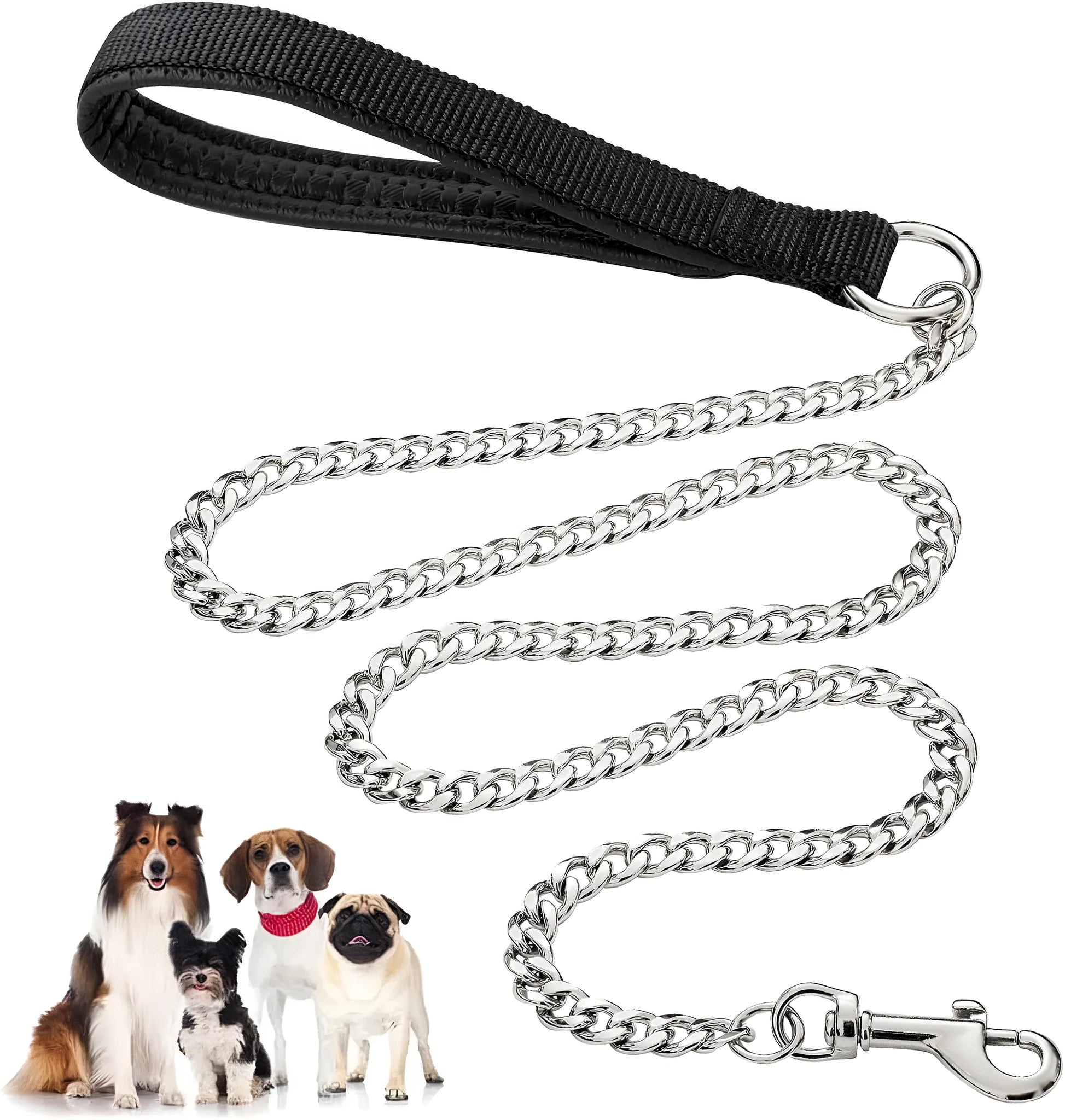 Heavy duty metal dog leash chain with soft black padded handle, shown in red.