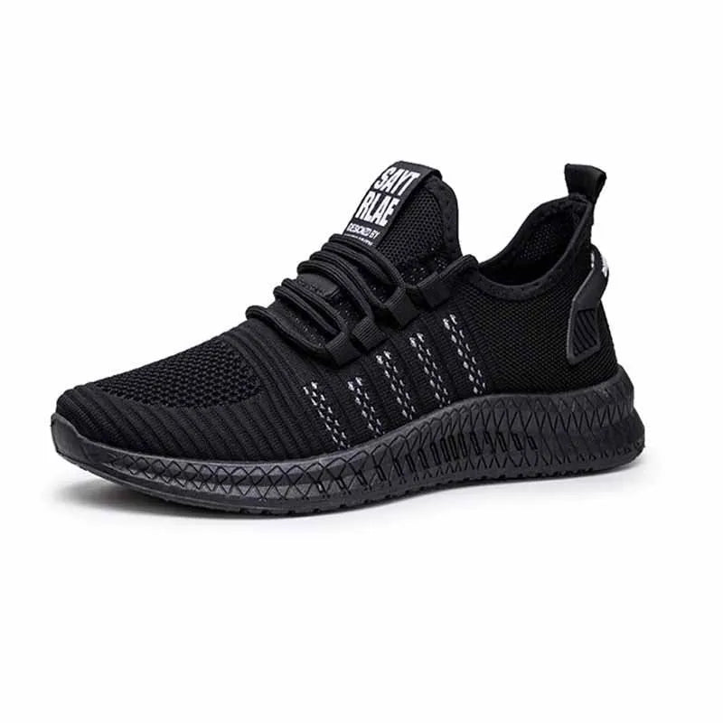 Men's low-top casual trainers with Flying Weave upper, cross straps, and striped pattern in black, orange, or yellow.