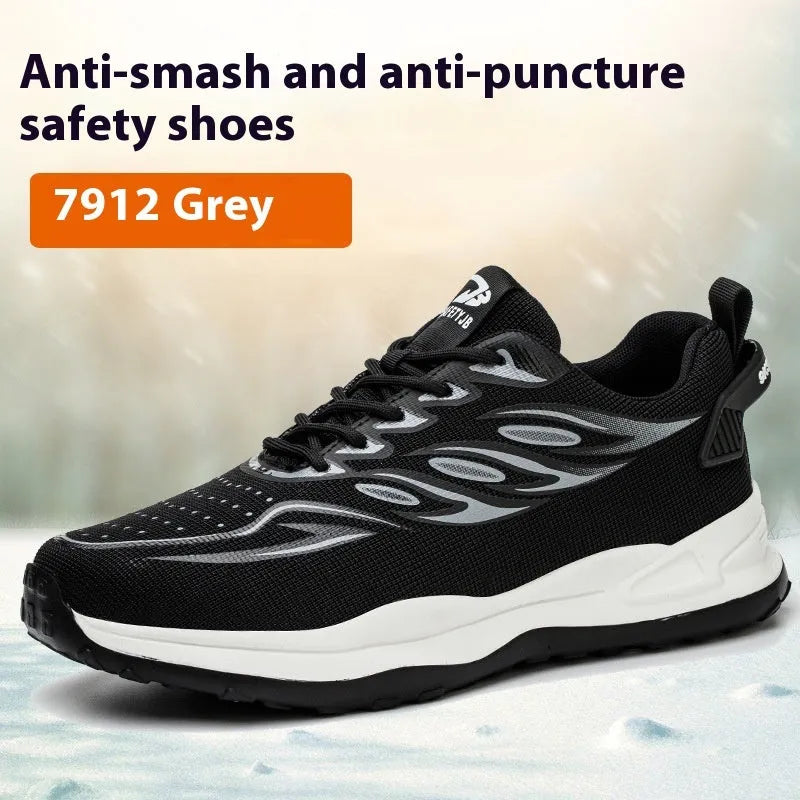 Leather anti-smash and puncture resistant safety work shoes in orange, grey, green, and yellow.
