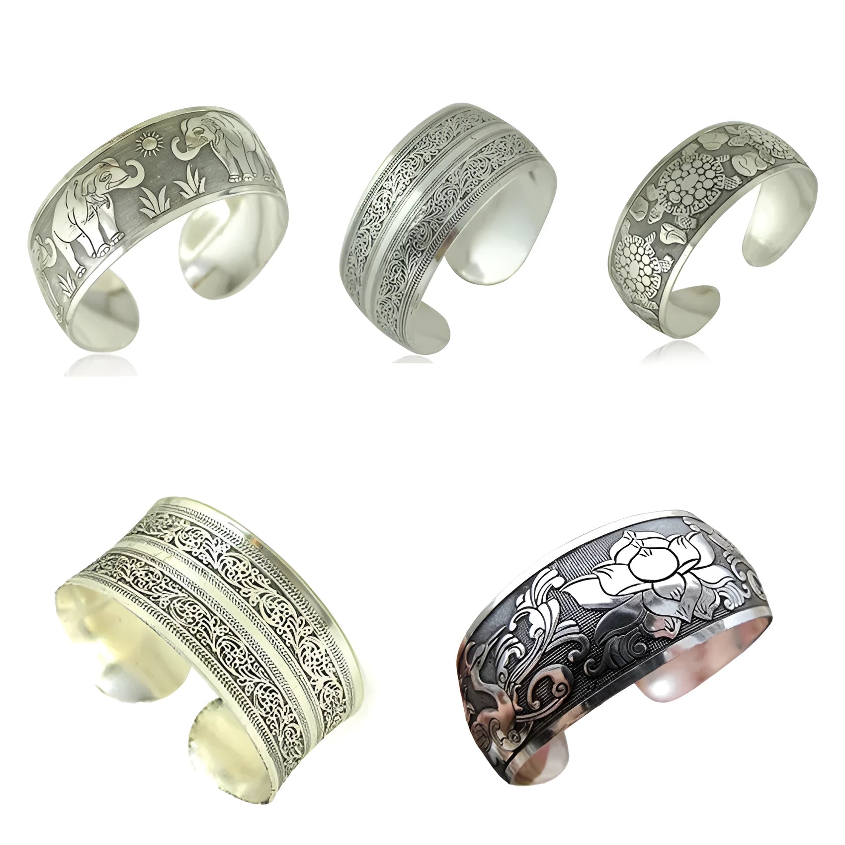 Ethnic style open carved Miao silver alloy bracelet in Roman shape on wrist.