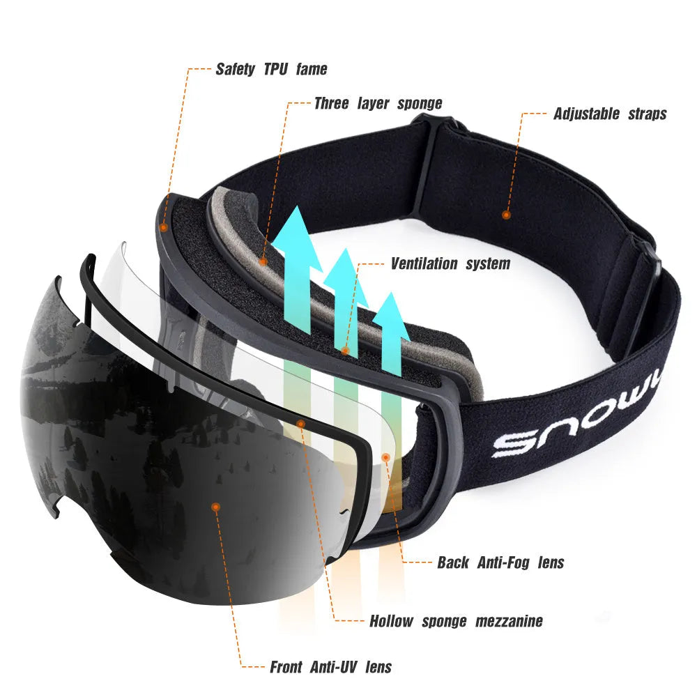 Double-layer anti-fog ski goggles in glossy white frame with pink dual lens and SNOWLEDGE laser logo