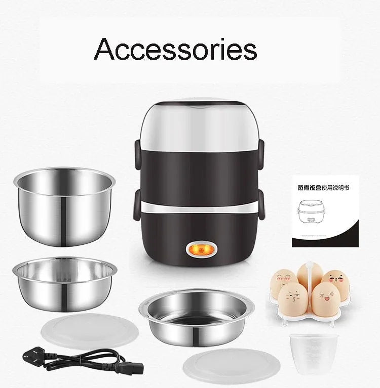 USB-powered electric lunch box showing two-layer and three-layer food container options
