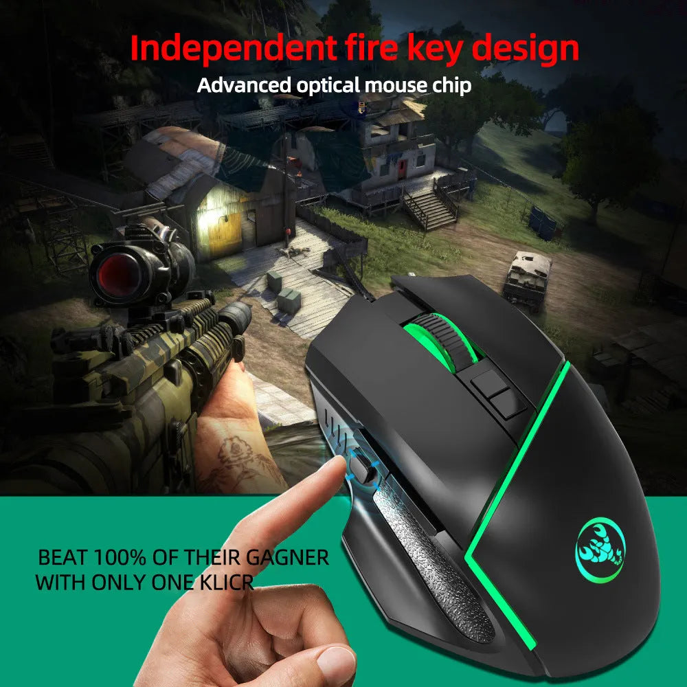 Black wired gaming mouse with 8 buttons, adjustable DPI, and 7-color breathing light on a desk