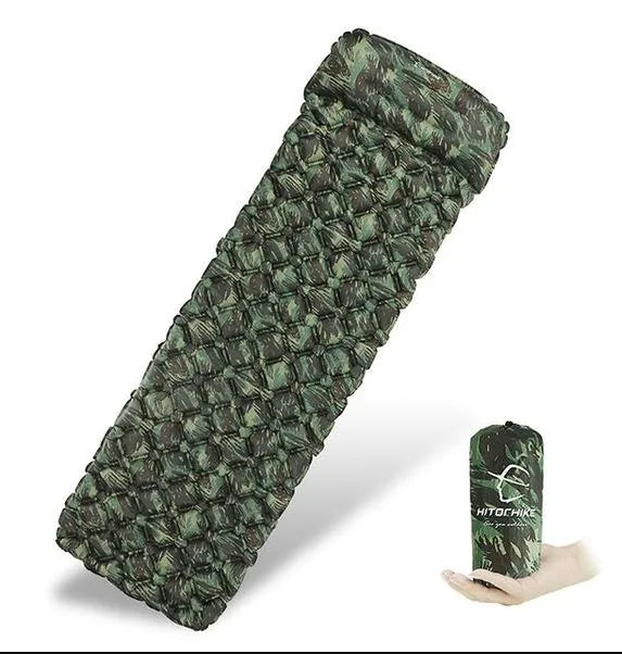 Inflatable camo sleeping pad in blue camouflage, made from waterproof tear-resistant nylon, for outdoor camping