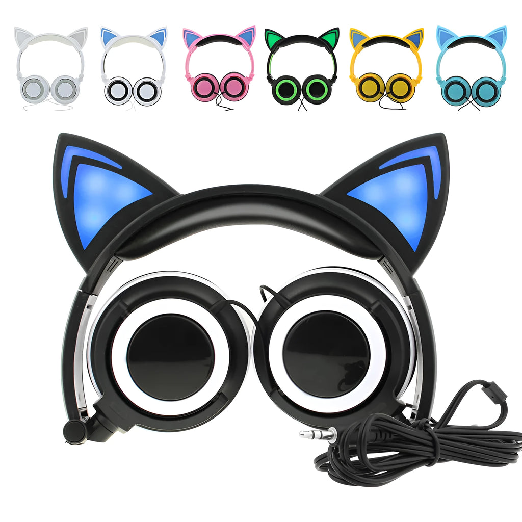 Black cat ear headphones with illuminated blue LED lights on the ears and ear cushions.