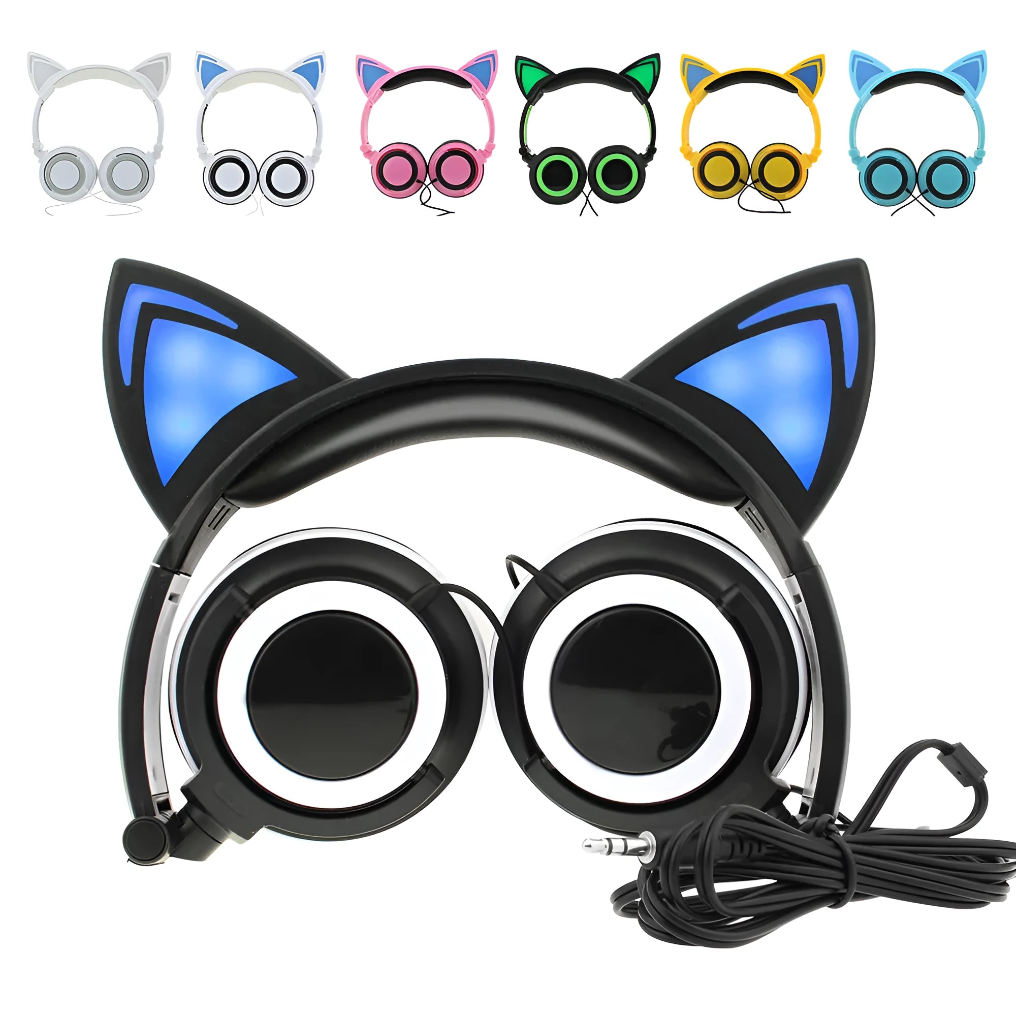 Black cat ear headphones with illuminated blue LED lights on the ears and ear cushions.