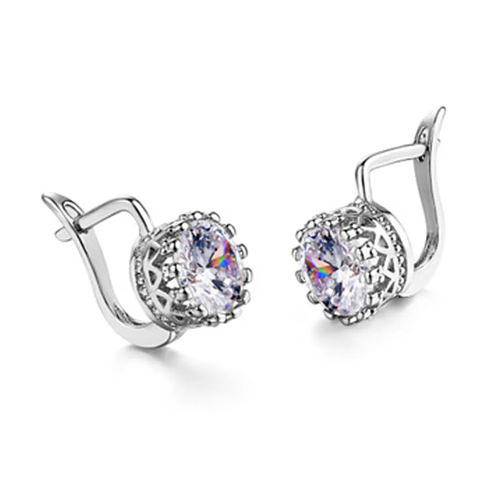 Korean retro crown-shaped clip earrings with white diamond details in rose gold colour