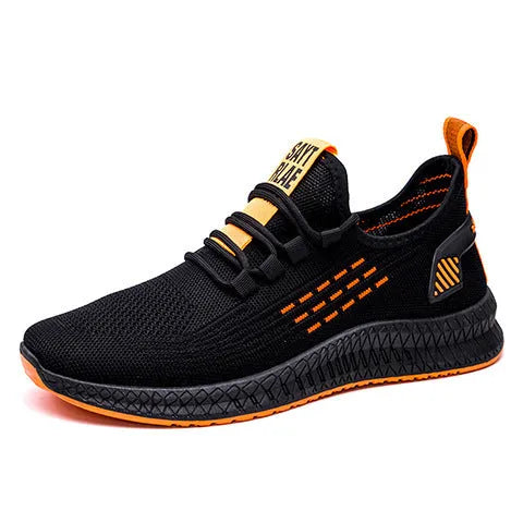 Men's low-top casual trainers with Flying Weave upper, cross straps, and striped pattern in black, orange, or yellow.