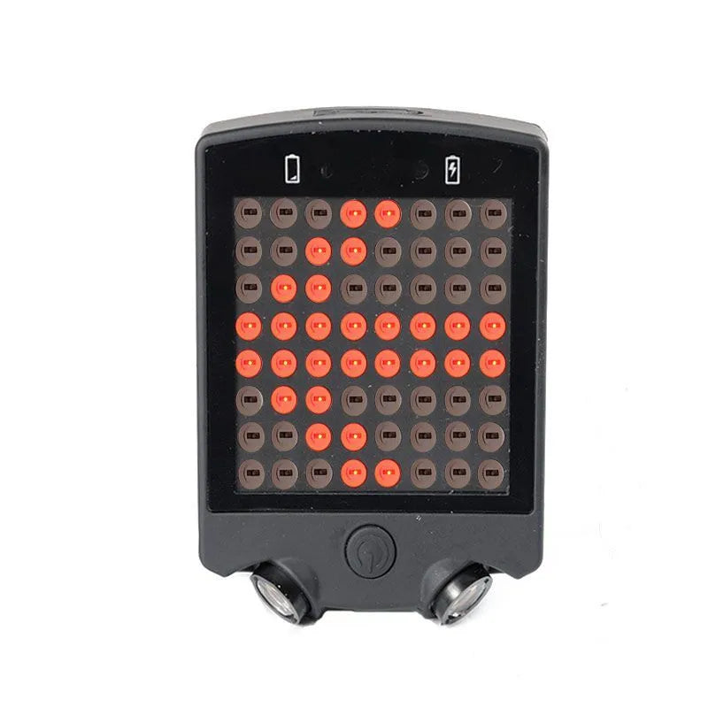 Black LED bicycle turn signal unit with dot matrix display and laser line, wireless remote control, on a bicycle seatpost