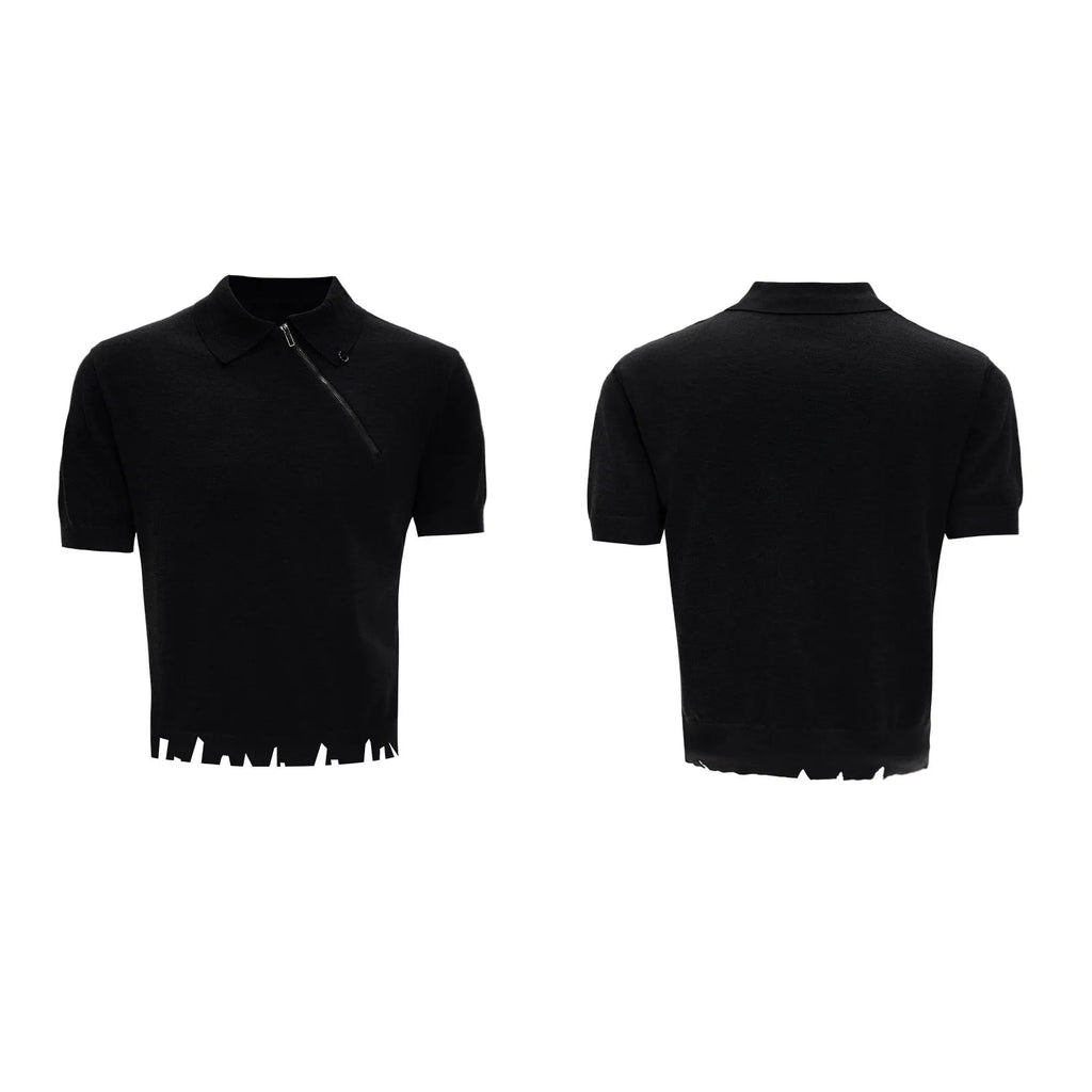 Men's black slim-fit knitted polo shirt with diagonal zipper and lapel collar